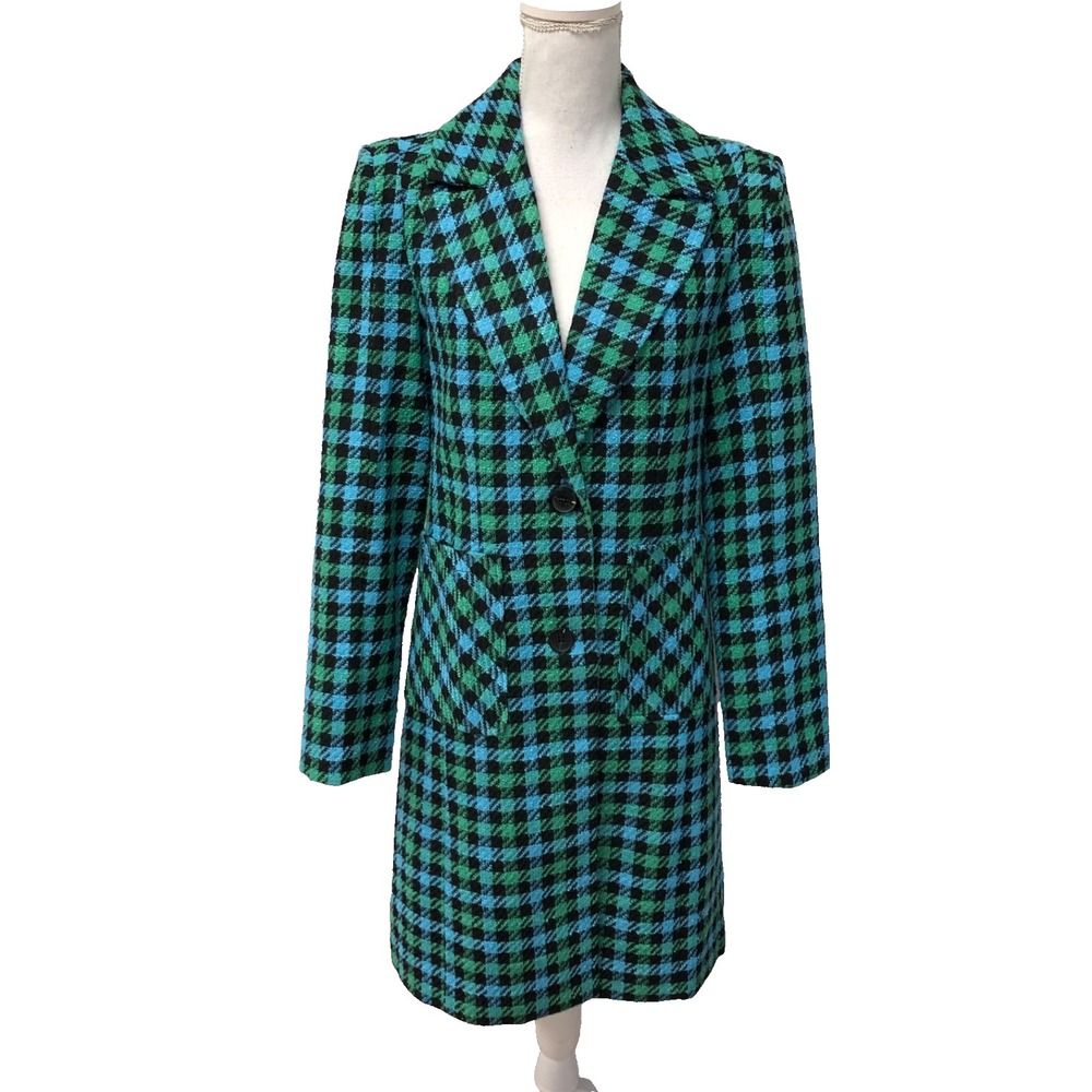 Avec Les Filles Tweed Pea Coat Womens Small Blue Green Plaid Mid‎ Length Preppy